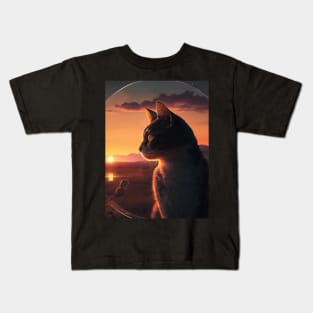 Design of a Cat watching a Sunset Kids T-Shirt